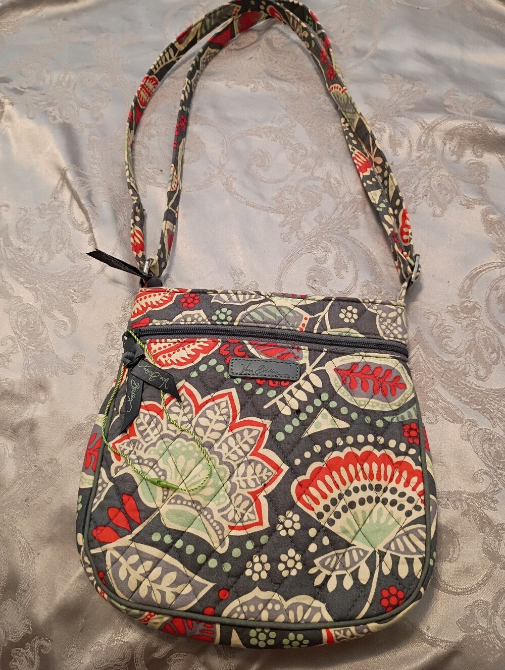 Vera Bradley Quilted Crossbody in Dark Gray, Orange, Mint Green and Cream Floral